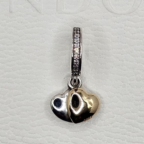 ♥️ Authentic Pandora DOUBLE HEART DANGLE CHARM With 14k GOLD🎁 - Picture 1 of 9